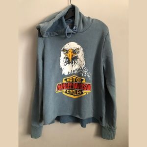 Harley Davidson Women's Light Blue Pullover Hoodie Eagle Bar and Shield Retro L